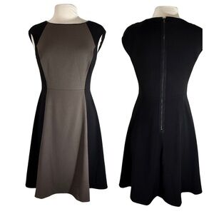 T Tahari Sz 6 Dress Black & Brown Above Knee Flare Skirt Sleeveless Colorblock